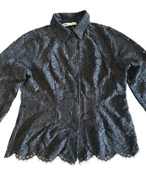 Zara Chic Black Lace Fitted Button Down Shirt Size XL but runs small!